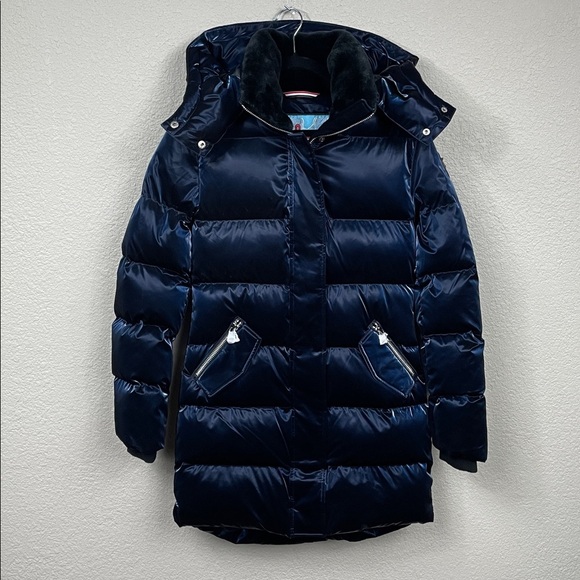 New Woodpecker Penguin Long Coat Puffer Jacket All Wet Navy Metallic Quilt Sz S - Picture 2 of 16